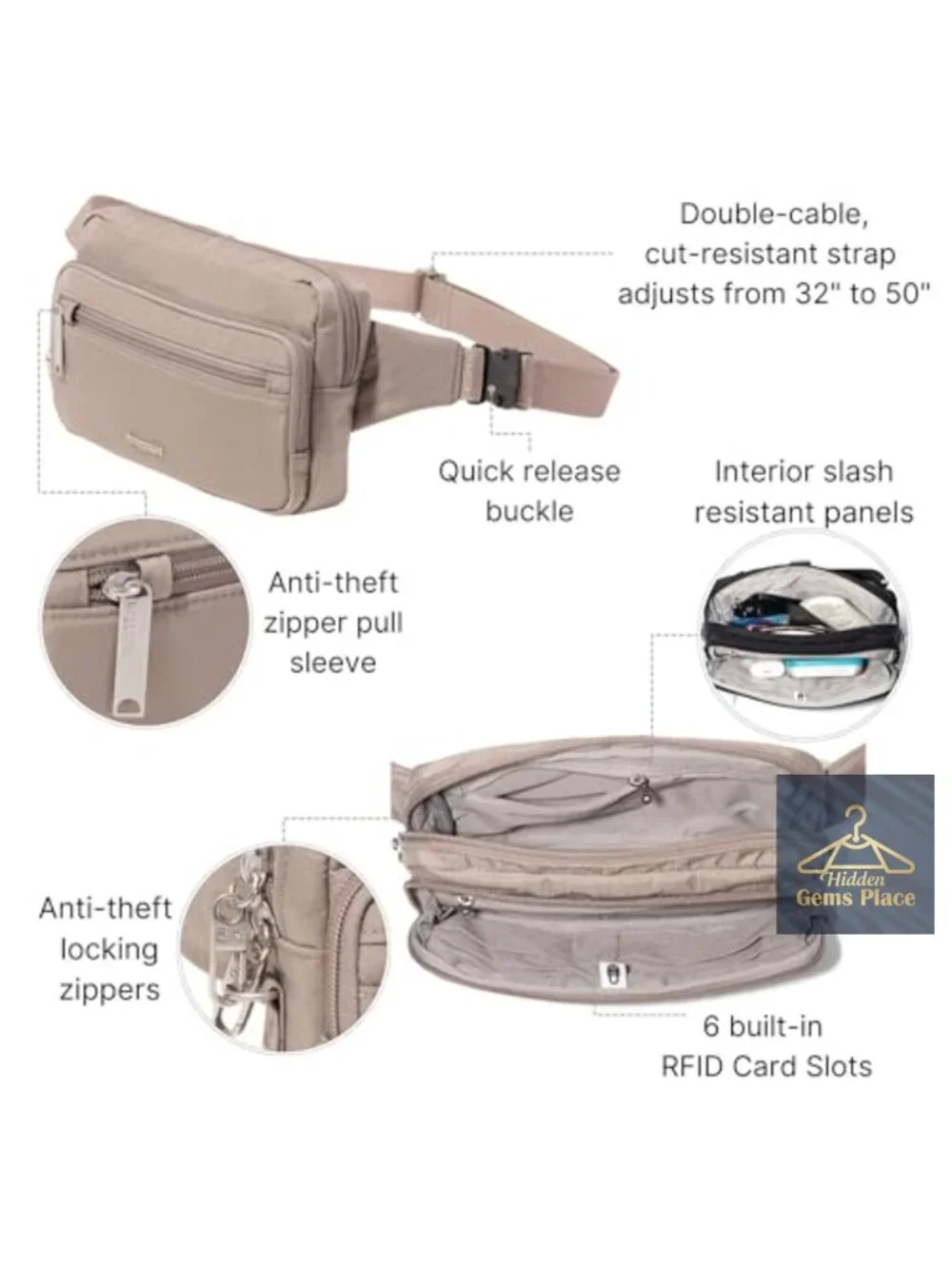Anti-theft Belt Bag with RFID Protection and Locking Zippers